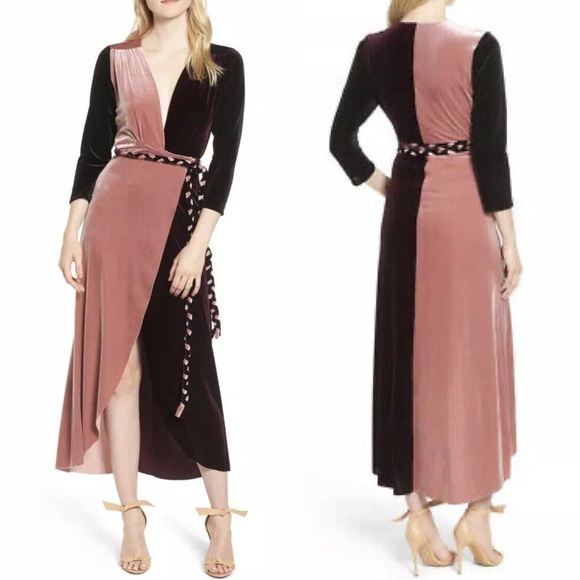 MISA Paloma Wrap Dress Color Block Velvet Braided Belt Cocktail Dress size Small - Picture 2 of 11